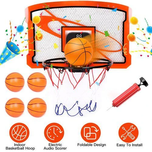 商品Fresh Fab Finds|Indoor Mini Basketball Hoop Set Over Door Basketball Hoop with 4 Inflatable Balls Electric Audio Scorer Foldable Basket Gift for Kids and Adults,价格¥440,第1张图片