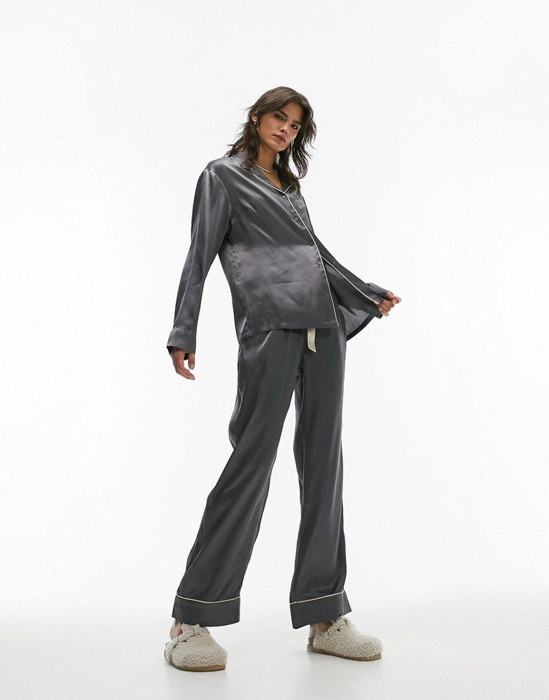 Topshop satin piped shirt & trouser pyjama set in slate grey商品第1张图片规格展示