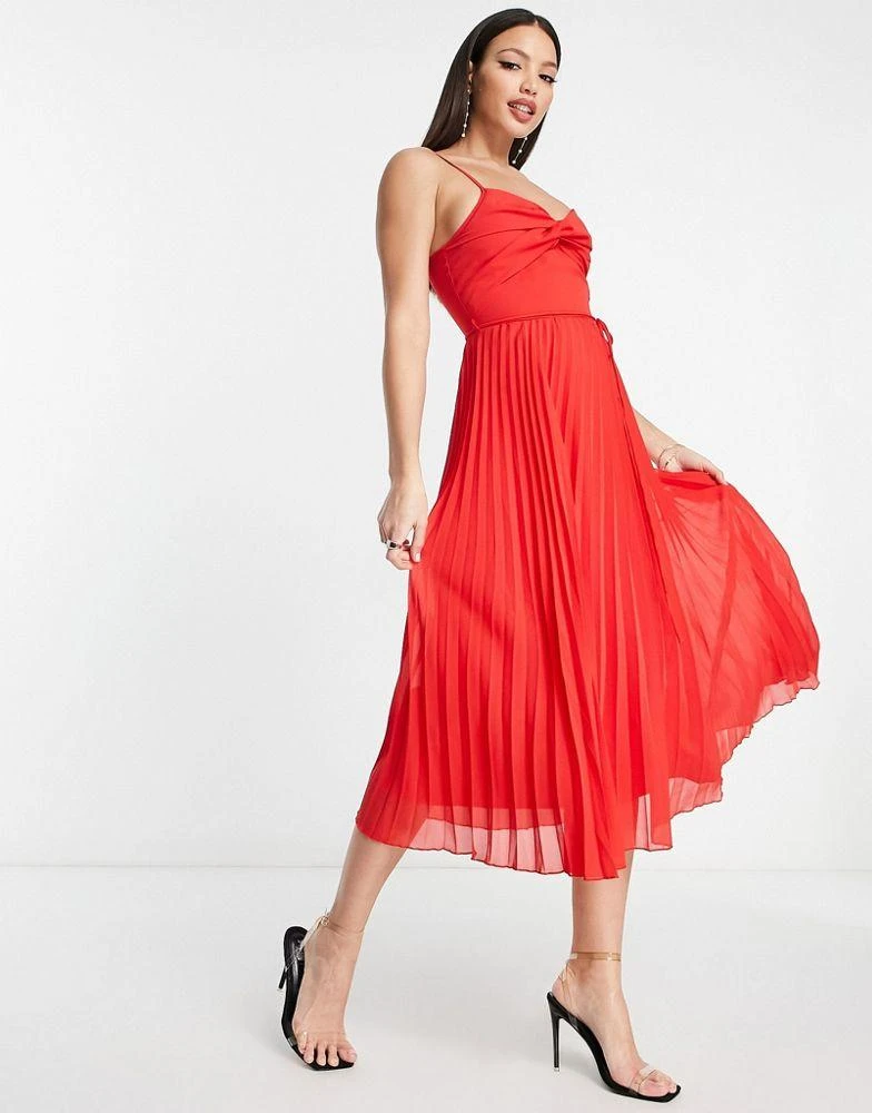 商品ASOS|ASOS DESIGN Tall twist front pleated cami midi dress with belt in red,价格¥134,第4张图片详细描述