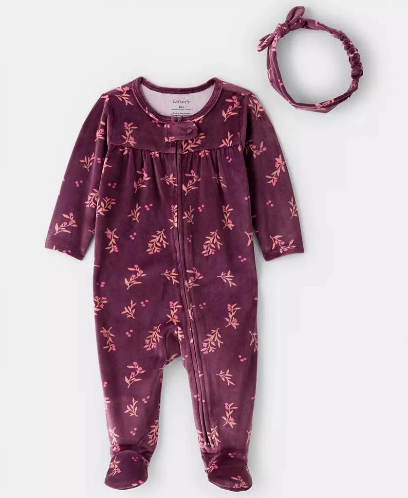商品Carter's|Baby Girls 2-Piece Floral Long-Sleeve Sleep and Play Pajama and Headband Set,价格¥124,第1张图片