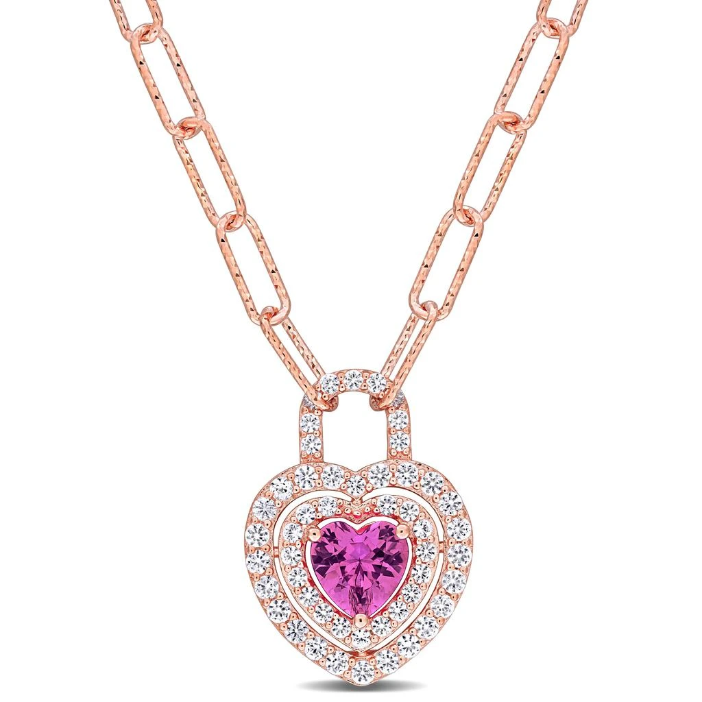 商品Mimi & Max|1 3/4ct TGW Created Pink Sapphire & Created White Sapphire Heart Necklace Rose Silver,价格¥599,第1张图片