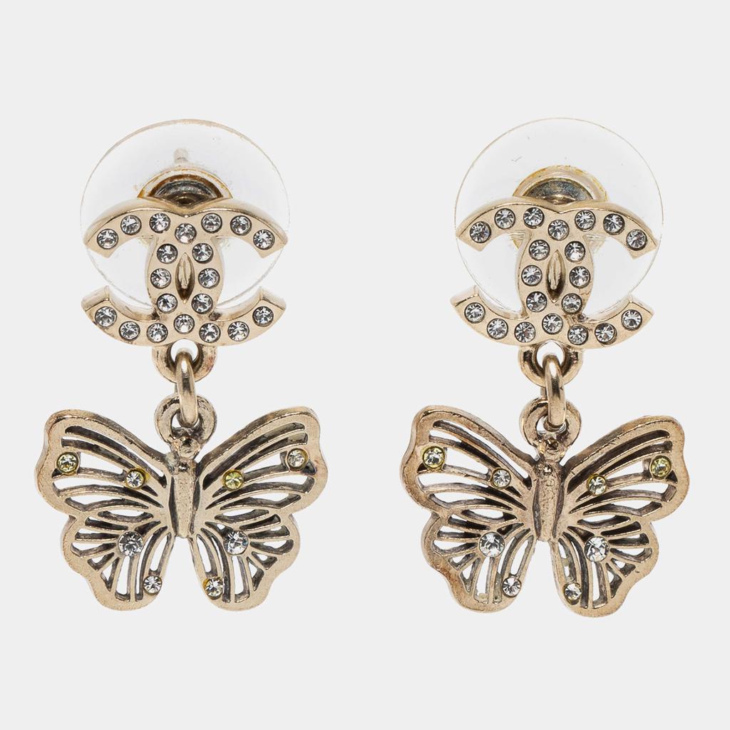 Chanel Pale Gold Tone Crystal CC Butterfly Drop Earrings商品第1张图片规格展示