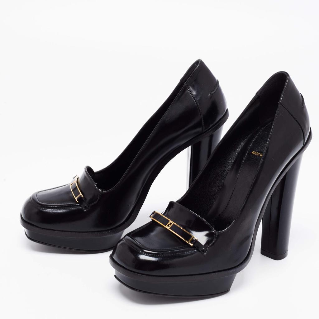 Fendi Black Glossy Leather FF Loafer Platform Pumps Size 38.5商品第2张图片规格展示