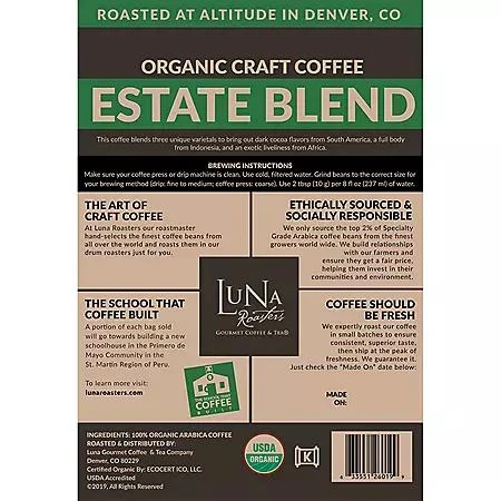 商品Luna Roasters|Luna Roasters Organic Estate Blend Craft Whole Bean Coffee, Dark Roast 30 oz.,价格¥148,第4张图片详细描述