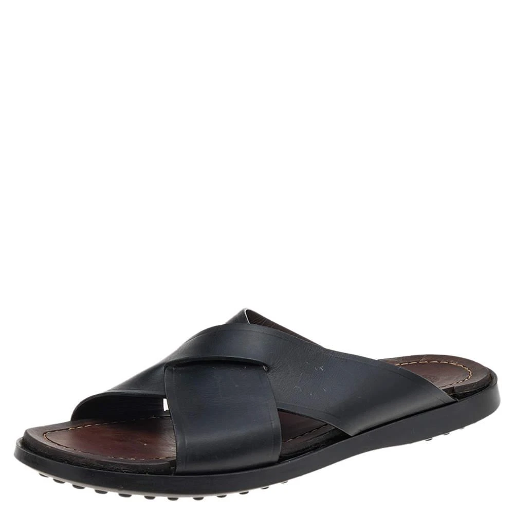 商品[二手商品] Tod's|Tod's Black Leather Criss Cross Flat Slides Size 43,价格¥1678,第1张图片