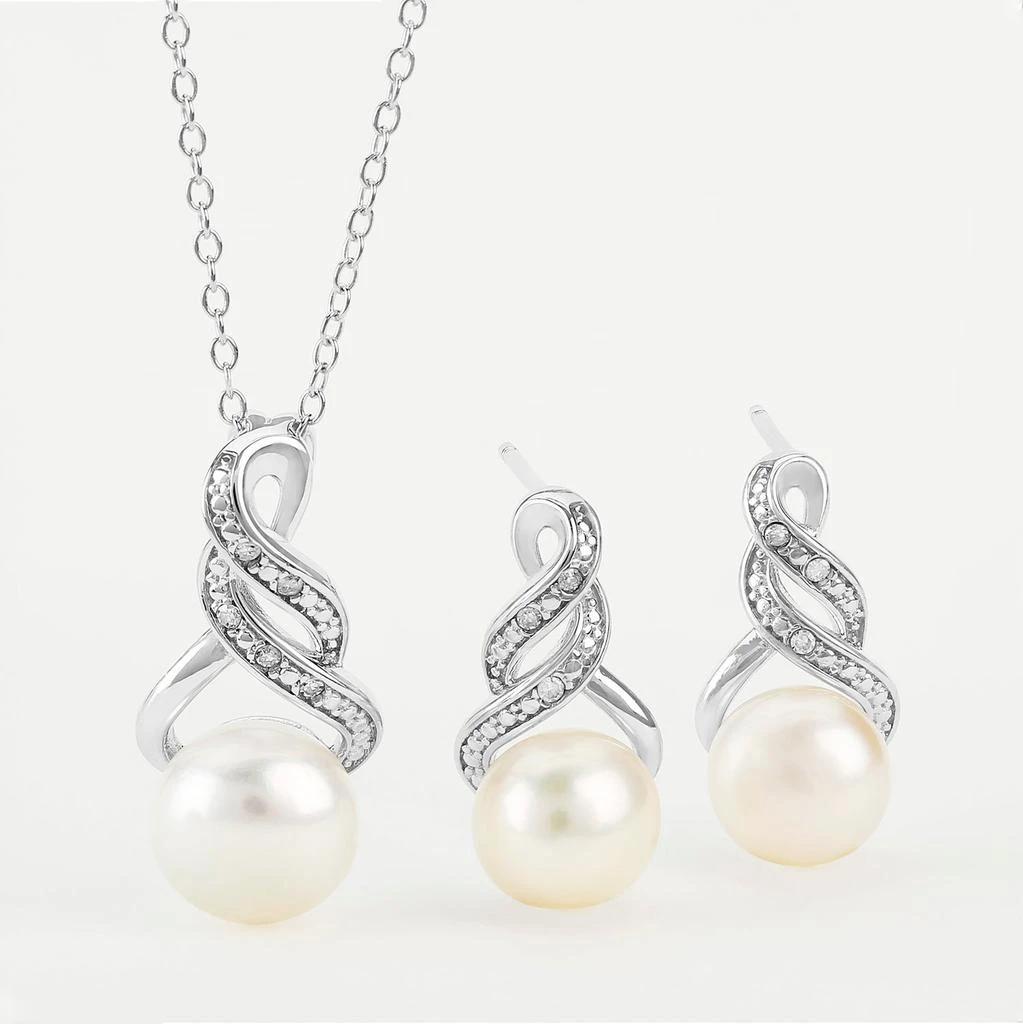 商品MAXCOLOR|Sterling Silver Cultured Freshwater Pearl and Diamond Accent Pendant Necklace and Drop Earring Jewelry Set,价格¥517,第1张图片