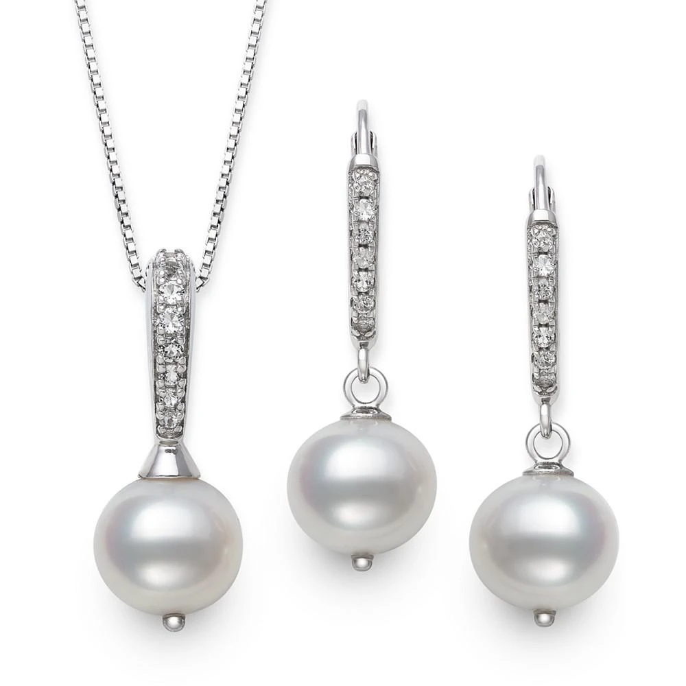 商品Belle de Mer|2-Pc. Set Cultured Freshwater Pearl (7-1/2mm) & Cubic Zirconia Pendant Necklace & Matching Drop Earrings in Sterling Silver,价格¥601,第4张图片详细描述