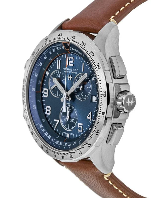 商品Hamilton|Hamilton Khaki X-Wind GMT Chrono Quartz Blue Dial Brown Leather Strap Men's Watch H77922541,价格¥5864,第3张图片详细描述