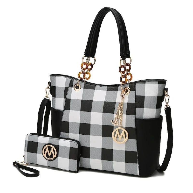 商品MKF Collection by Mia K|Bonita Checker Tote Bag Handbag & Wallet Set,价格¥414,第1张图片