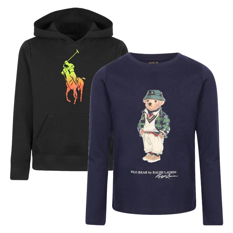 商品Ralph Lauren|Colorful big neon pony logo print cotton black hoodie with kangaroo pockets and polo bear t shirt set,价格¥1722,第1张图片