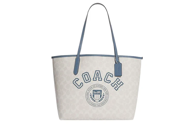 商品[国内直发] Coach|蔻驰 City 33 经典老花印花内置拉链 人造革 托特包Tote包购物袋单肩手提包 大号 女款 粉笔白色拼靛蓝色,价格¥1905,第1张图片