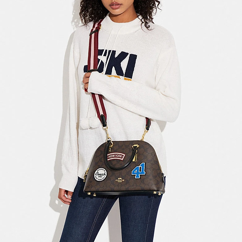 商品[国内直发] Coach|蔻驰 Katy 30 经典老花拉链开合滑雪贴饰 皮革 单肩斜挎手提包 大号 女款 深棕色,价格¥1982,第6张图片详细描述