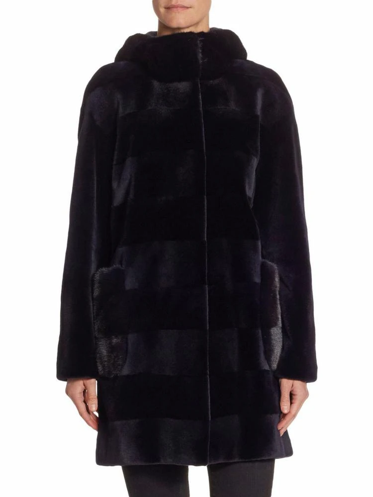 商品The Fur Salon|Horizontal Stripe Hooded Mink Velvet Coat,价格¥44956,第1张图片