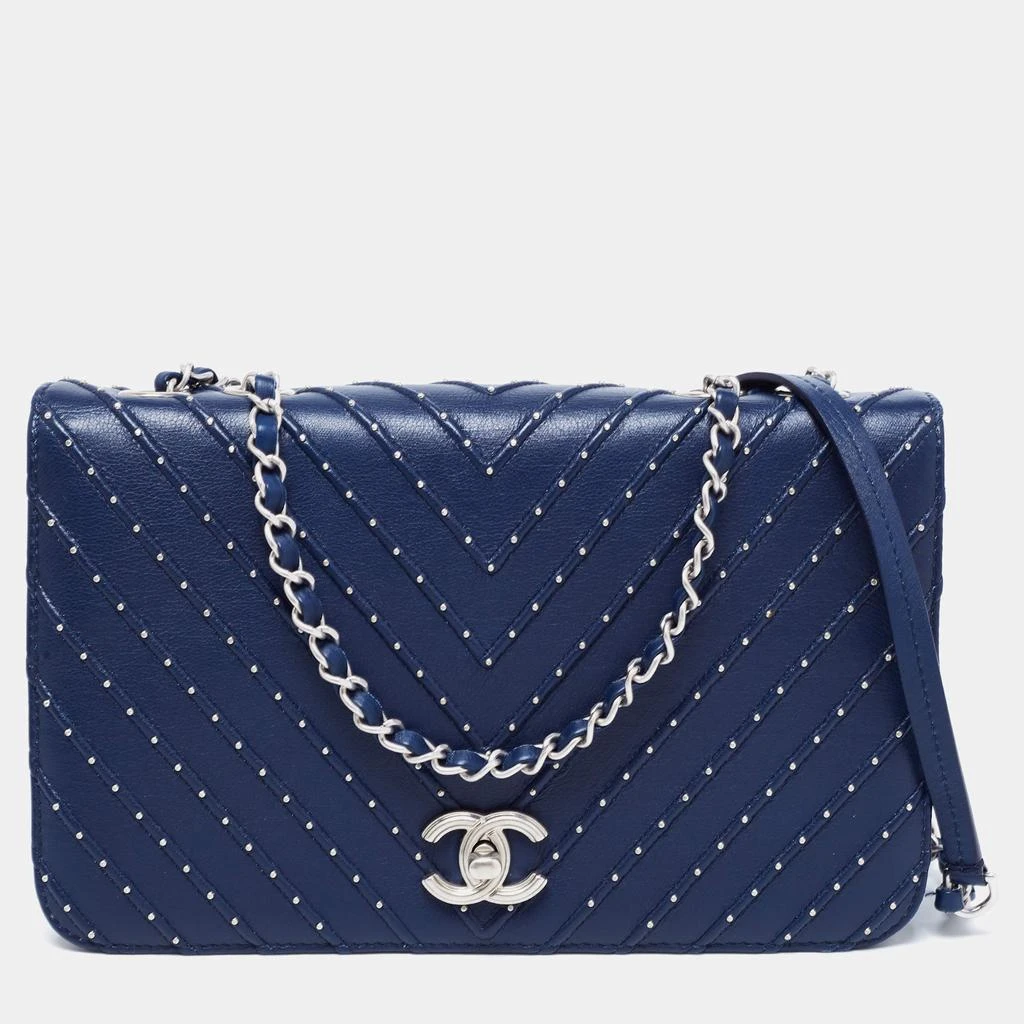 商品[二手商品] Chanel|Chanel Navy Blue Studded Chevron Leather Flap Bag,价格¥24065,第1张图片