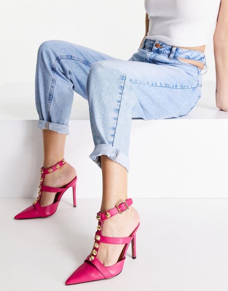 ASOS DESIGN Wide Fit Priyah studded high heeled shoes in dark pink商品第4张图片规格展示