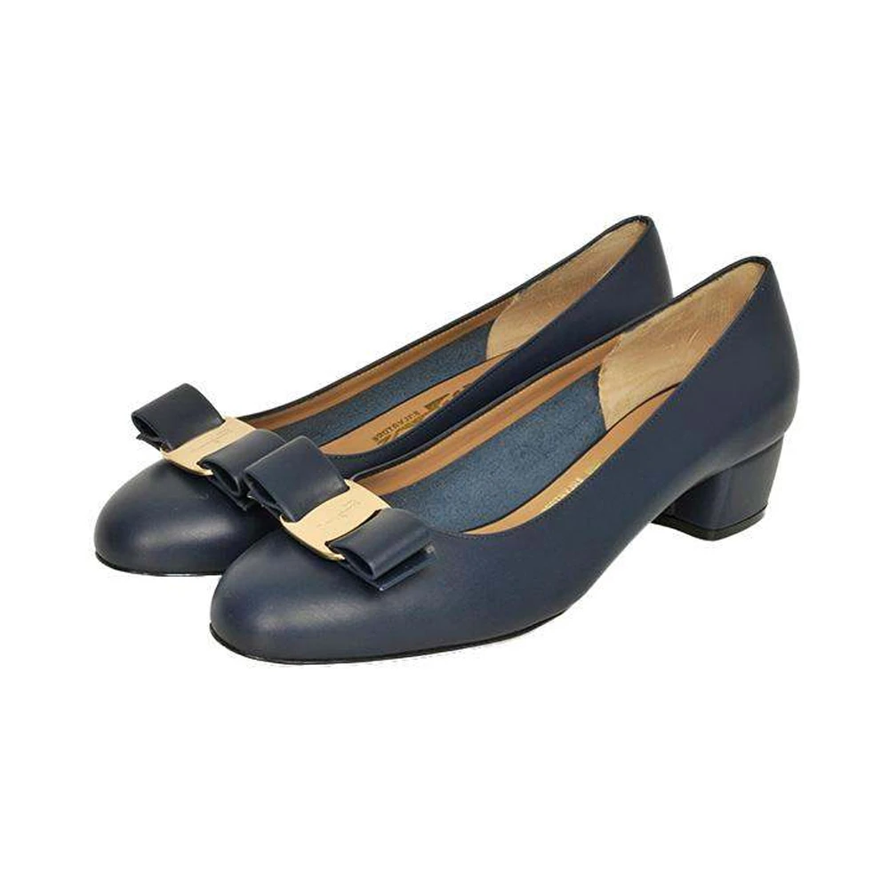 SALVATORE FERRAGAMO 女士深蓝色牛皮蝴蝶结装饰低跟船鞋 01-B221-574010 商品