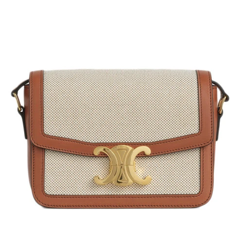 商品Celine|【包税】CELINE/赛琳 经典TRIOMPHE TEEN系列 女士棕褐色白色织物天然小牛皮斜跨单肩包188882BGI.04LV ,价格¥21281,第1张图片