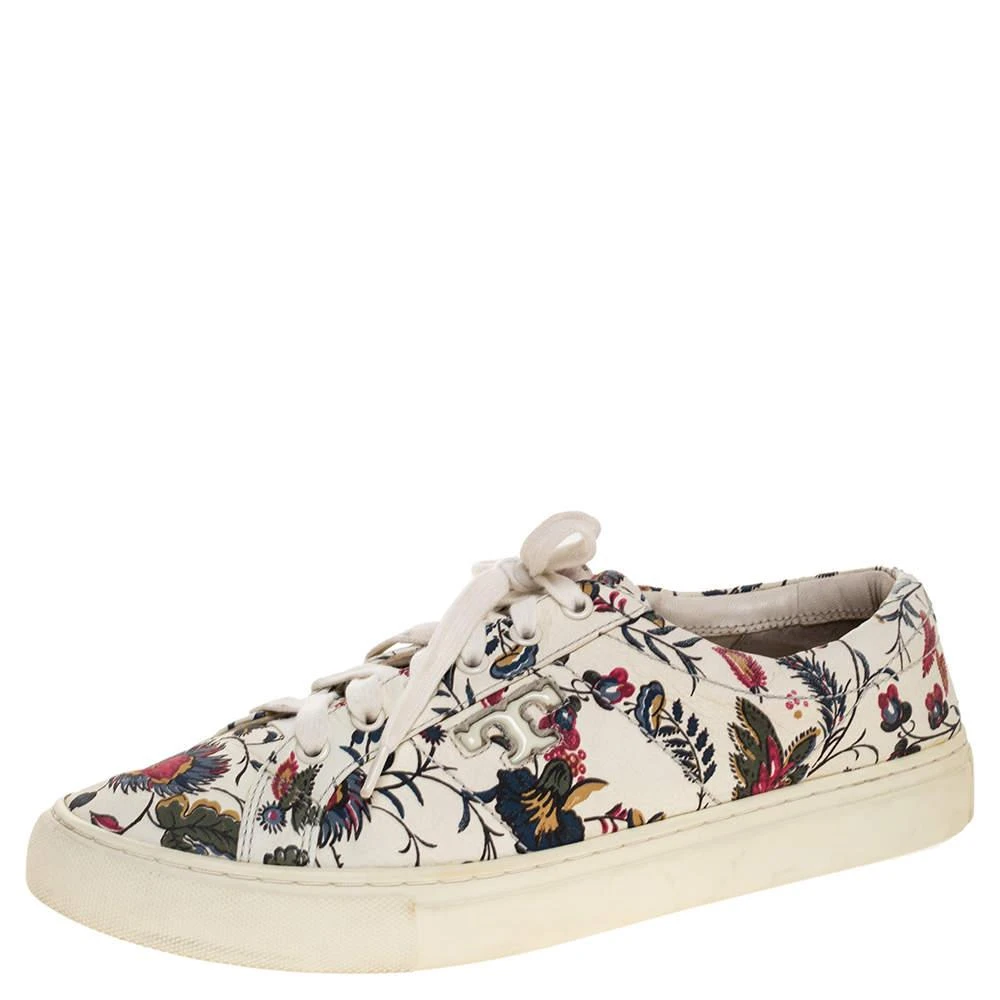 商品[二手商品] Tory Burch|Tory Burch White Floral Print Leather Amalia Low Top Sneakers Size 39.5,价格¥1146,第1张图片