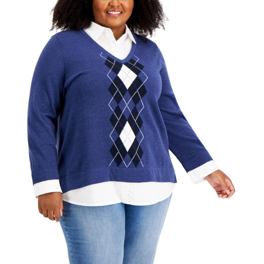 Tommy Hilfiger Womens Plus Argyle Layered Pullover Sweater商品第2张图片规格展示