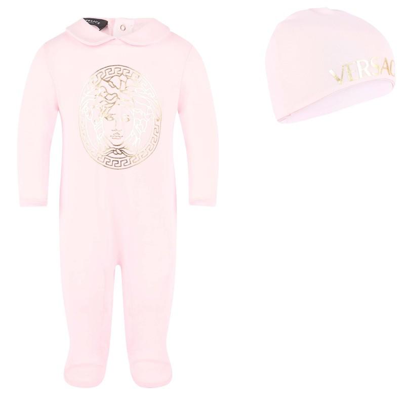 Golden medusa head logo one piece and baby cap set in light pink商品第1张图片规格展示