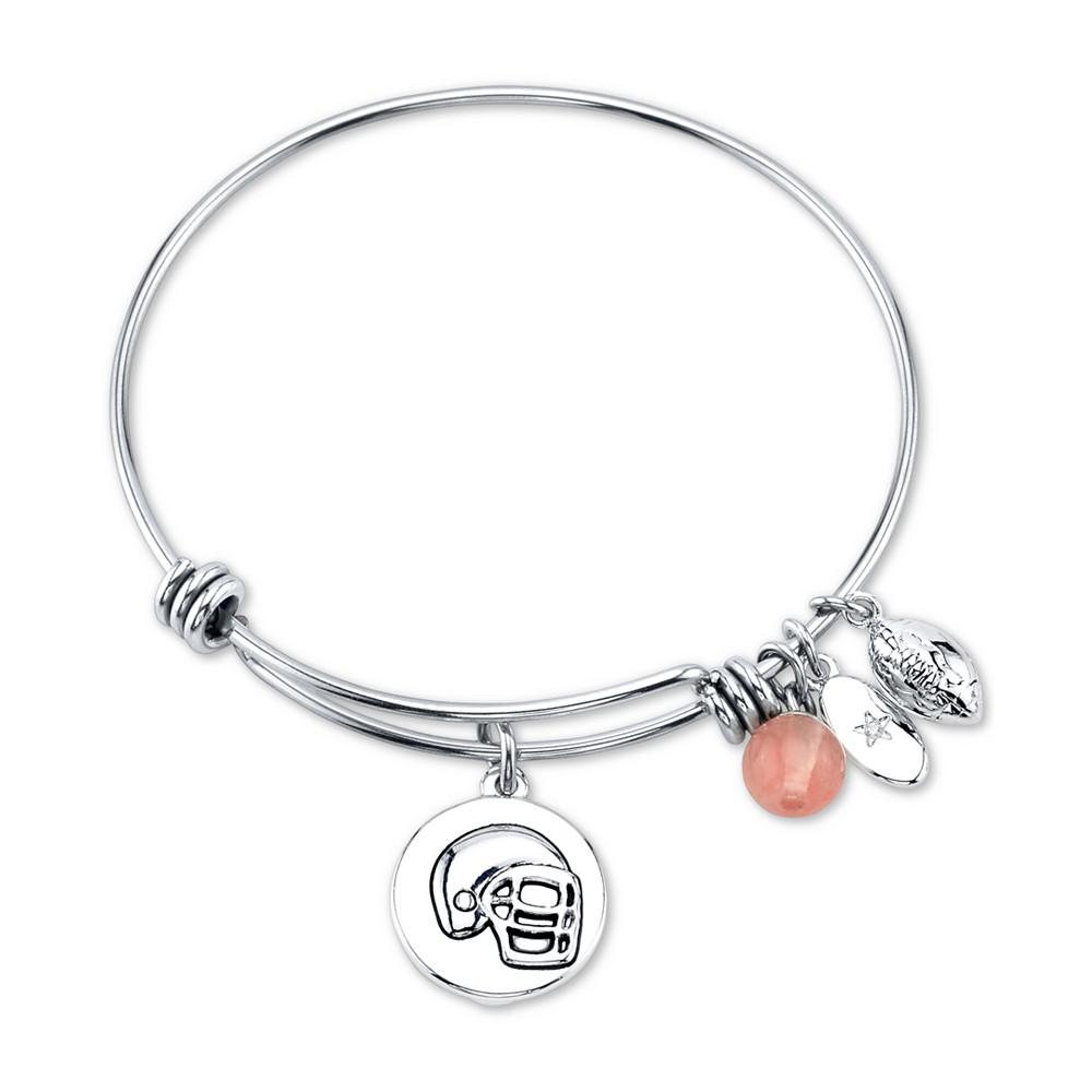 Football Charm and Cherry Quartz Stone (8mm) Bangle Bracelet in Stainless Steel Silver Plated Charms商品第1张图片规格展示