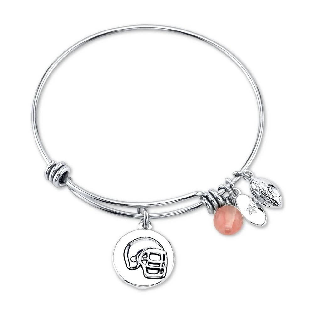 商品Unwritten|Football Charm and Cherry Quartz Stone (8mm) Bangle Bracelet in Stainless Steel Silver Plated Charms,价格¥412,第1张图片