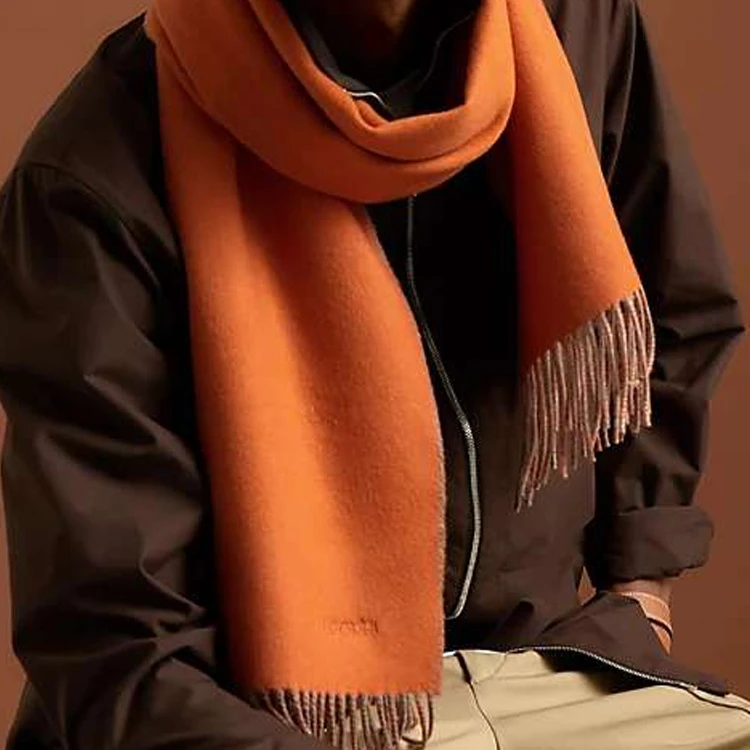 商品[国内直发] Hermes|Hermes 爱马仕 双面羊绒围巾 男款 橘色/灰色,价格¥6208,第3张图片详细描述