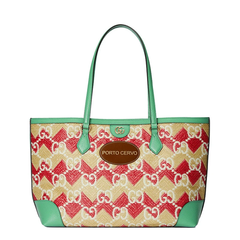 商品Gucci|【包税】GUCCI/古驰 22新款 女士红色草编效果老花印花织物配皮饰Porto Cervo皮扣青绿色皮革细节金扣单肩手提托特包631685UYFFG8648,价格¥12934,第1张图片