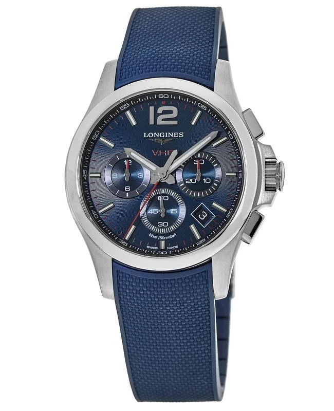 商品Longines|Longines Conquest V.H.P. Blue Chronograph Rubber Strap Men's Watch L3.717.4.96.9,价格¥7130,第1张图片