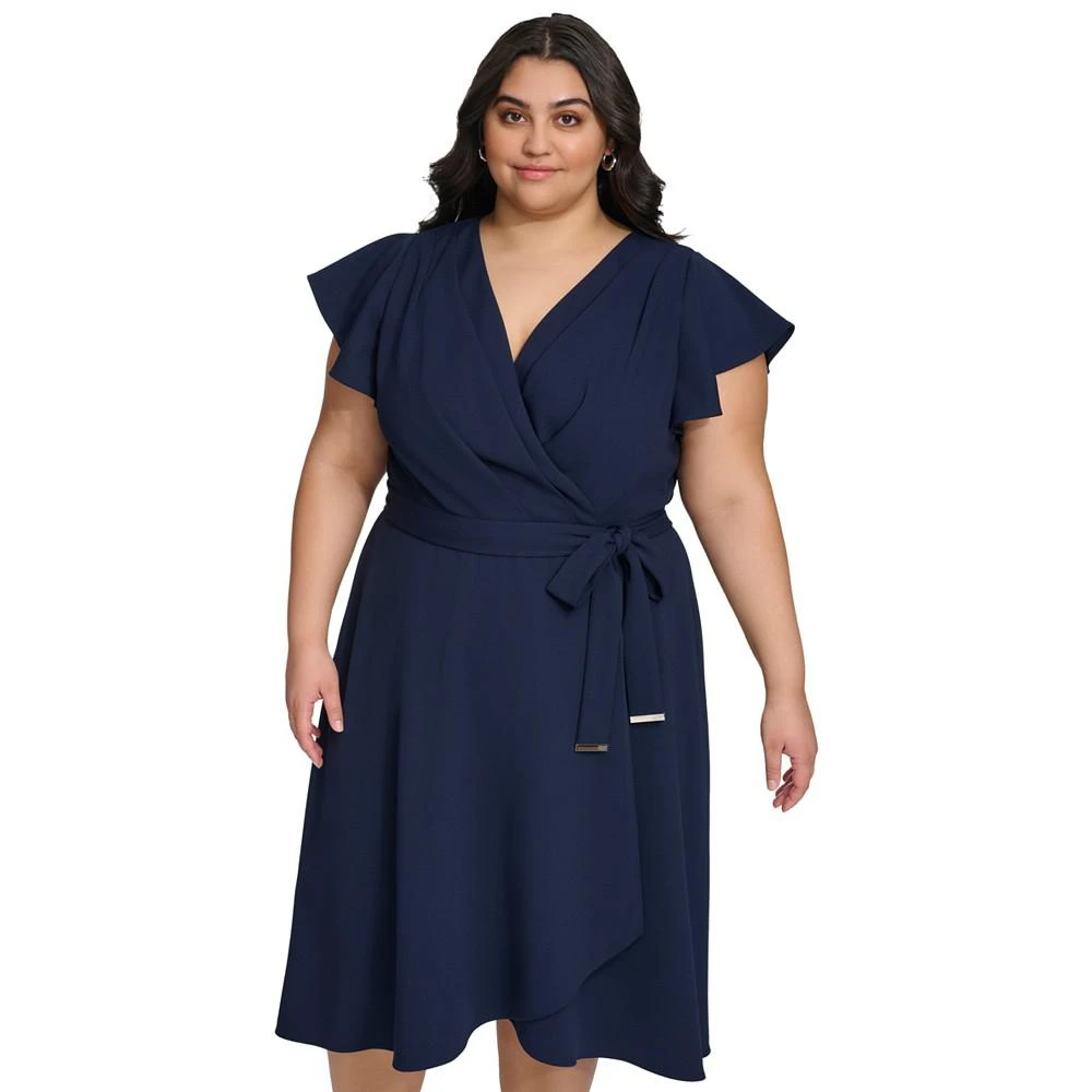 商品DKNY|Plus Size Surplice-Neck Flutter-Sleeve Faux-Wrap Dress,价格¥599,第4张图片详细描述