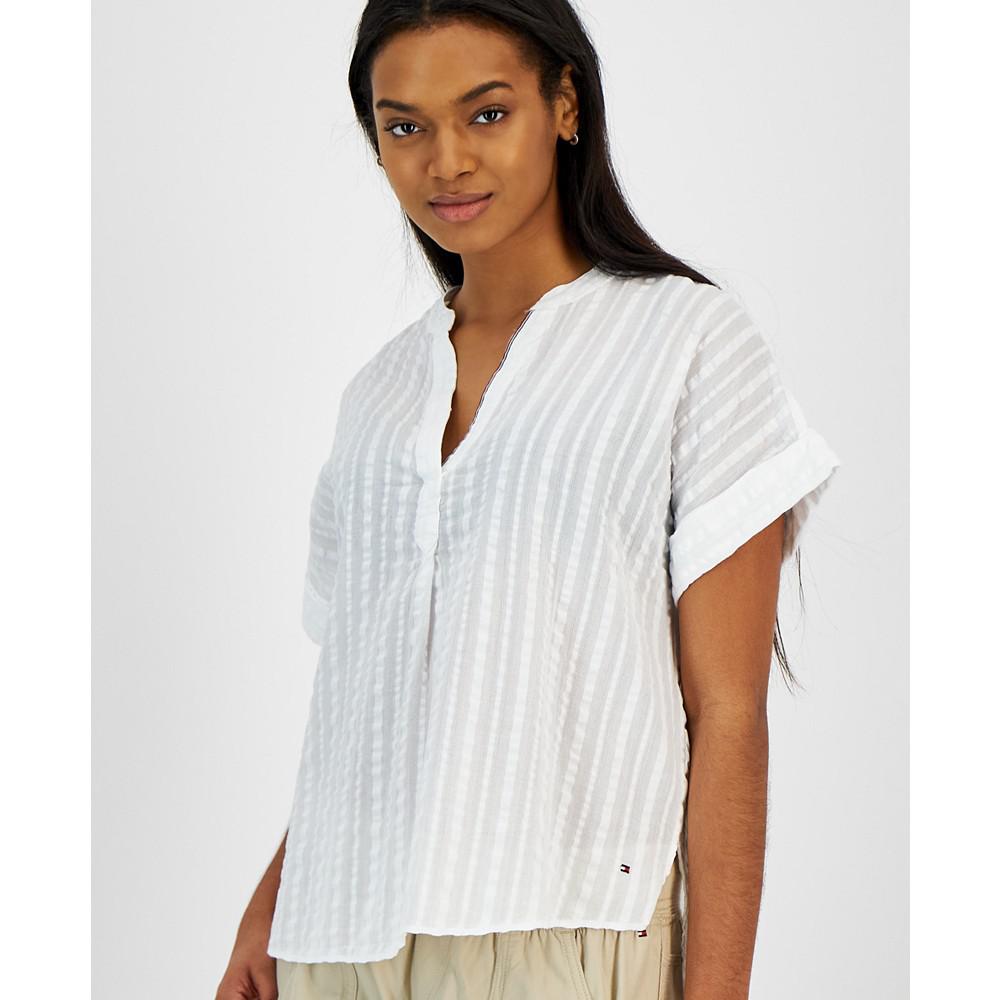 Women's Cotton Seersucker Damask-Stripe Popover Shirt商品第3张图片规格展示