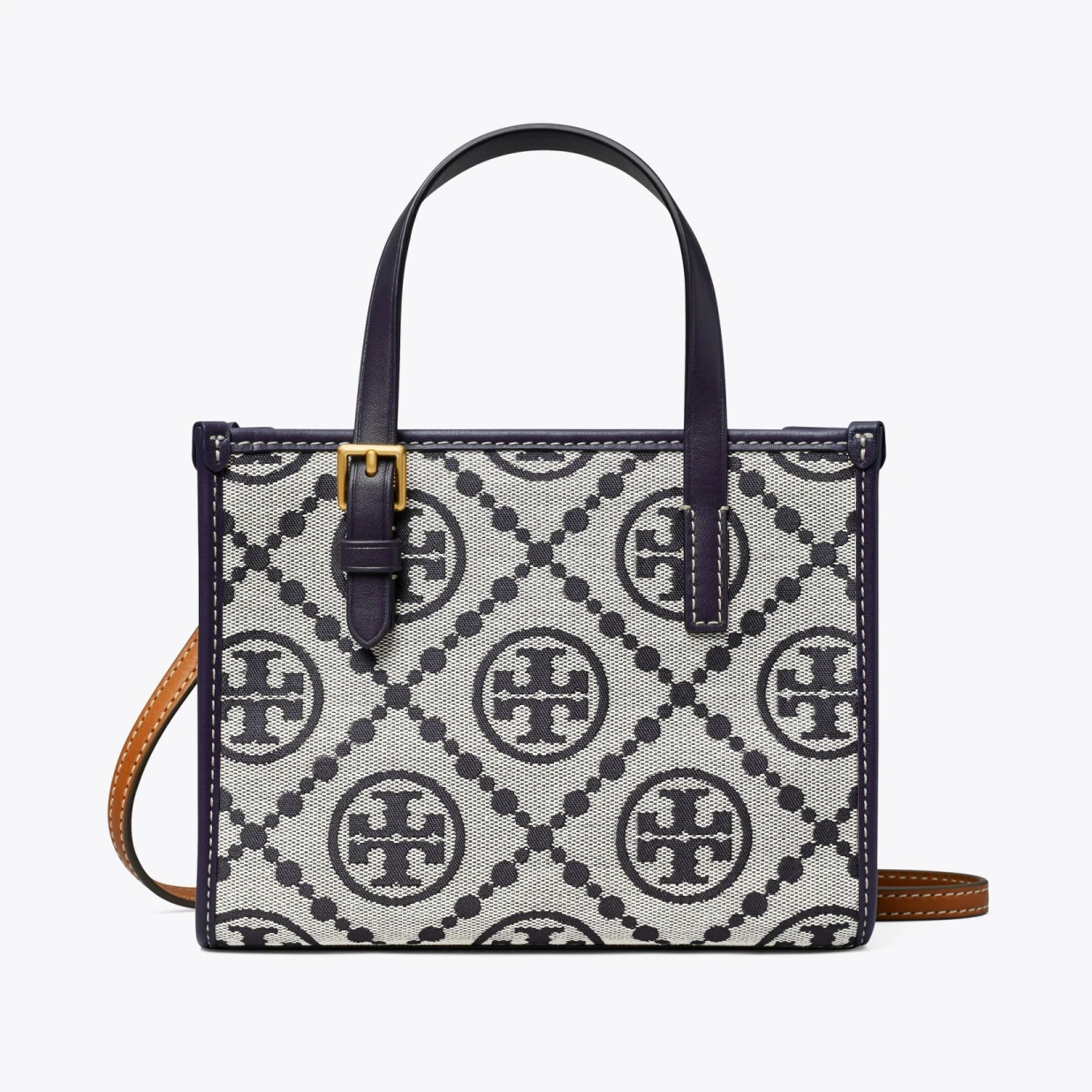 商品[国内直发] 【春节不打烊，国内现货速发】 Tory Burch| 汤丽柏琦TB女包T MONOGRAM经典老花满印织物提花托特包单肩斜挎包女包 迷你 145537 海军蓝,价格¥2747,第1张图片