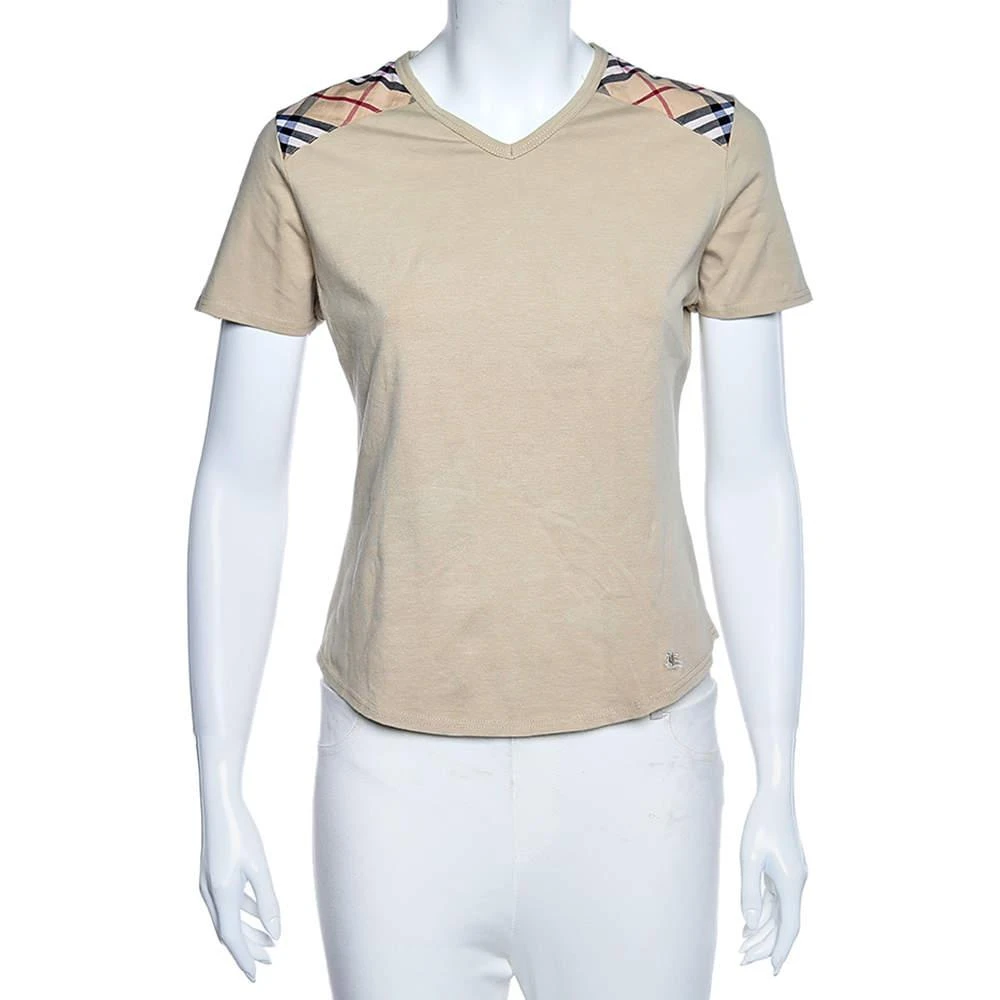 商品[二手商品] Burberry|Burberry Beige Stretch Cotton Novacheck Patch Detail Short Sleeve T-Shirt L,价格¥871,第1张图片