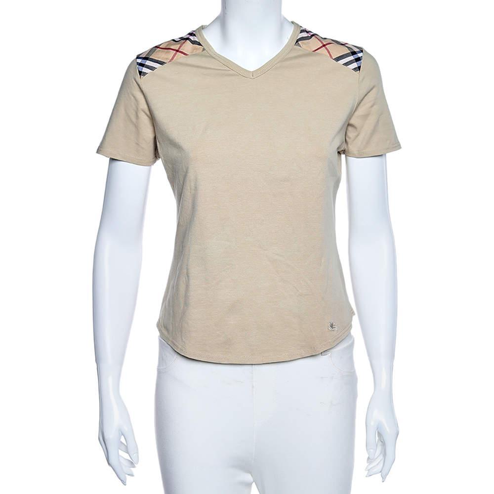 商品[二手商品] Burberry|Burberry Beige Stretch Cotton Novacheck Patch Detail Short Sleeve T-Shirt L,价格¥912,第1张图片