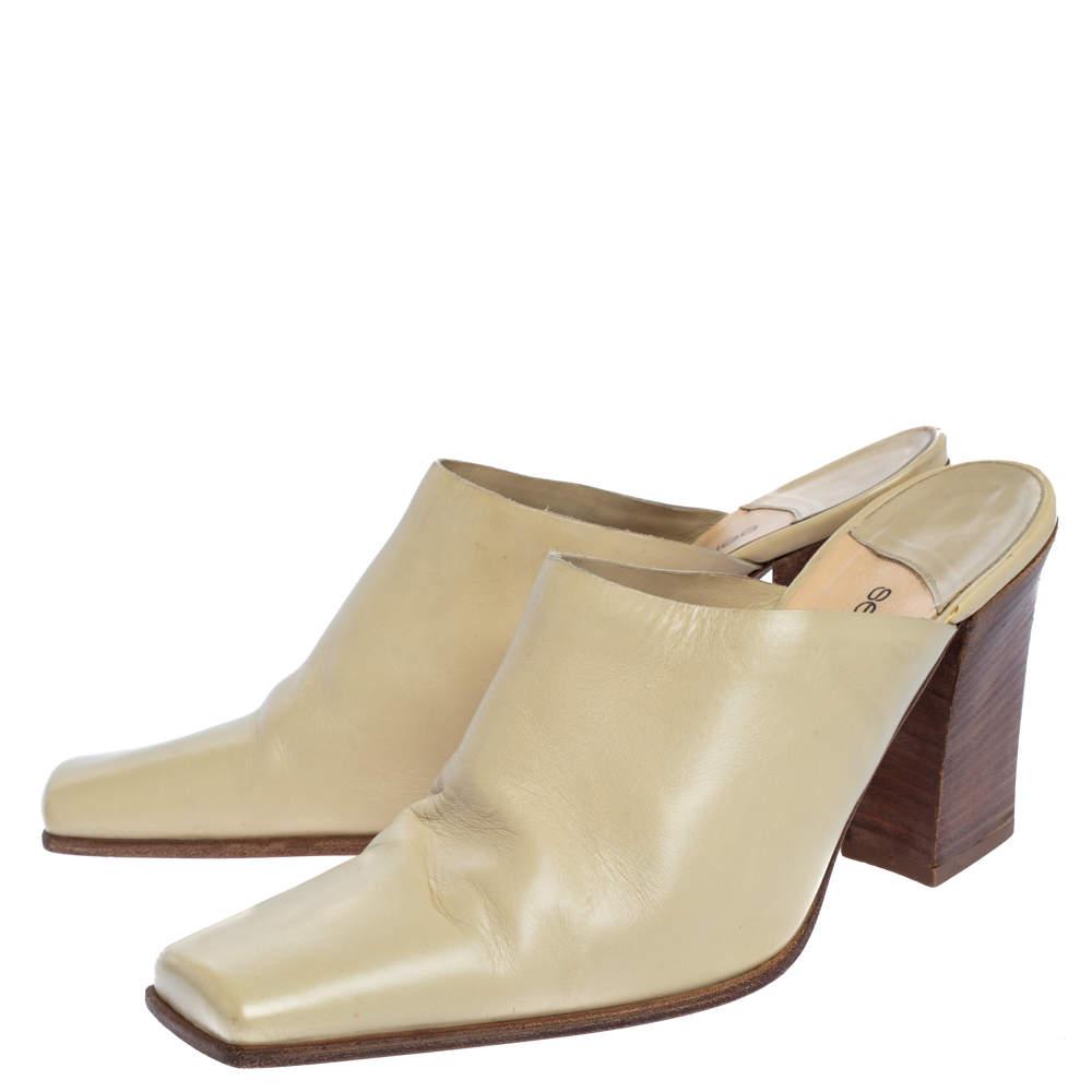 Sergio Rossi Cream Leather Block Heel Square Toe Mules Size 39商品第4张图片规格展示