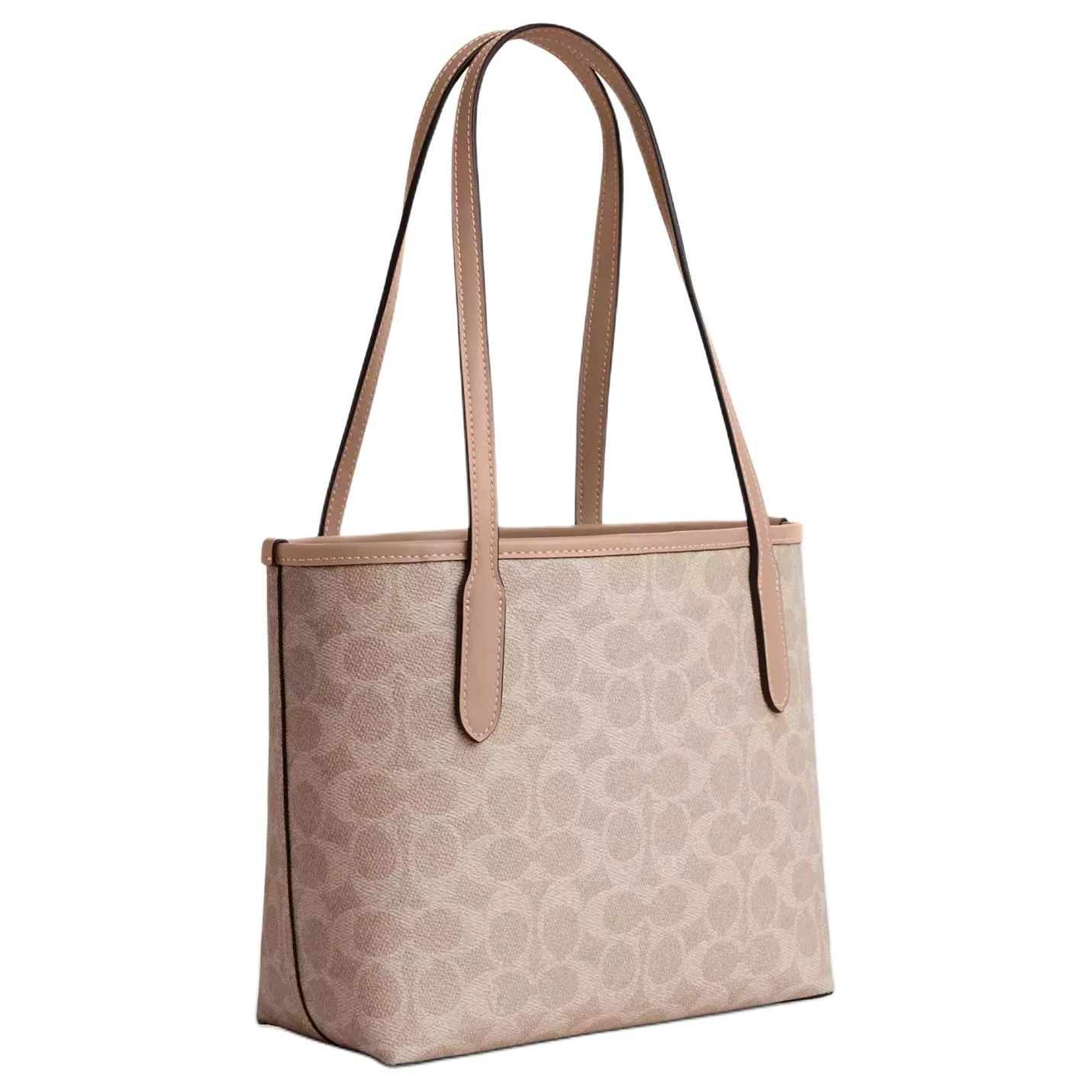 商品[国内直发] Coach|蔻驰 City 23 经典老花金属徽标 涂层帆布拼皮革 托特包Tote包购物袋单肩手提包 中号 女款 银色拼沙色,价格¥1729,第3张图片详细描述