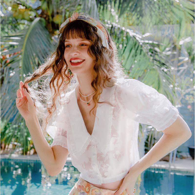 Dakota白色缎面纱复古宫廷娃娃领短款衬衫 | Dakota Blouse - Ivory商品第4张图片规格展示