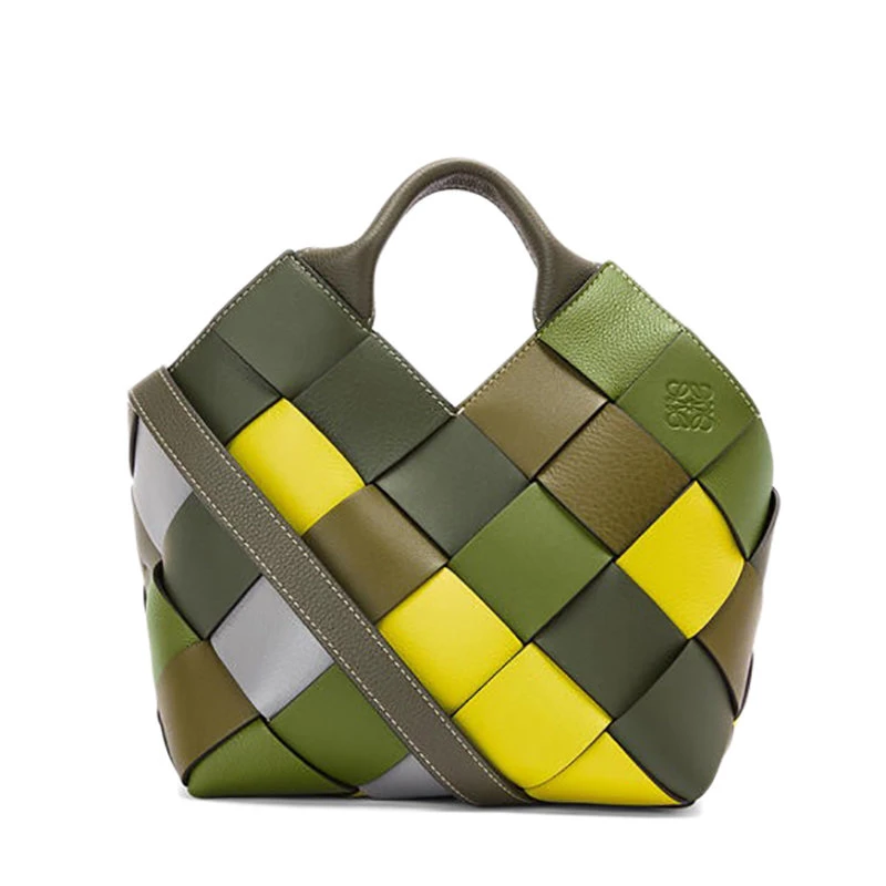 商品Loewe|【预售3-7天】LOEWE/罗意威 22新款Surplus系列 女士小号绿色拼色棋盘格牛皮革编织手提单肩篮子包A521T32X26-4076,价格¥13233,第1张图片
