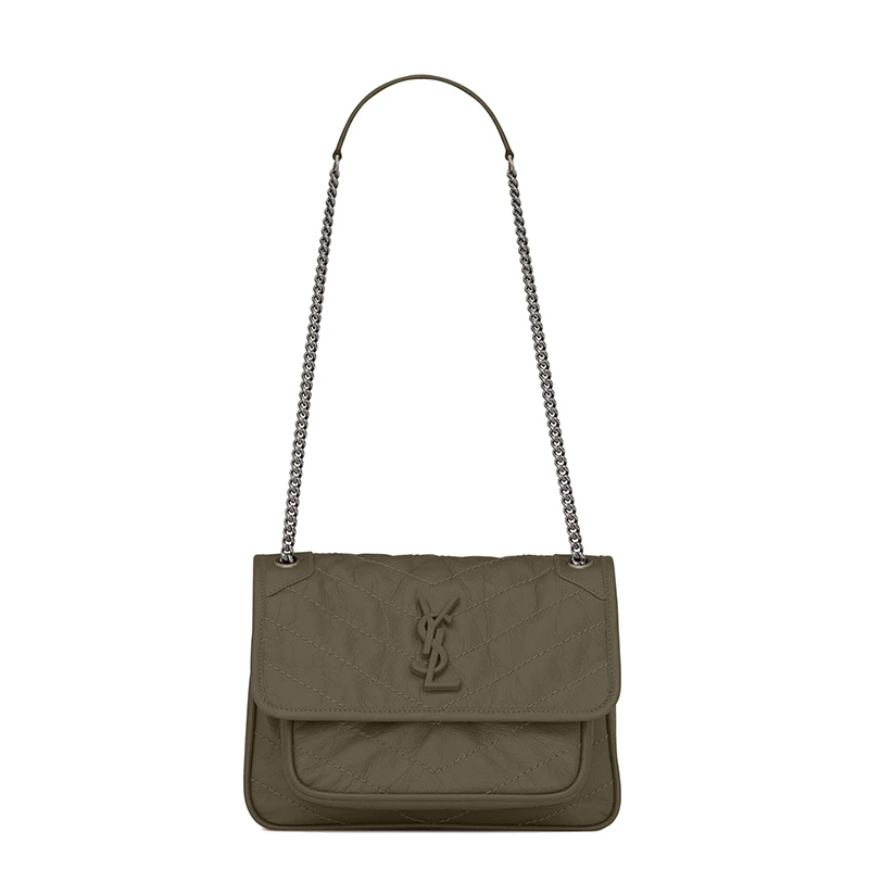 商品Yves Saint Laurent|SAINT LAURENT PARIS/圣罗兰 YSL 22春夏新款NIKI BABY系列 女士灰卡其色绗缝复古褶皱牛皮革单肩斜挎链条包,价格¥19062,第1张图片
