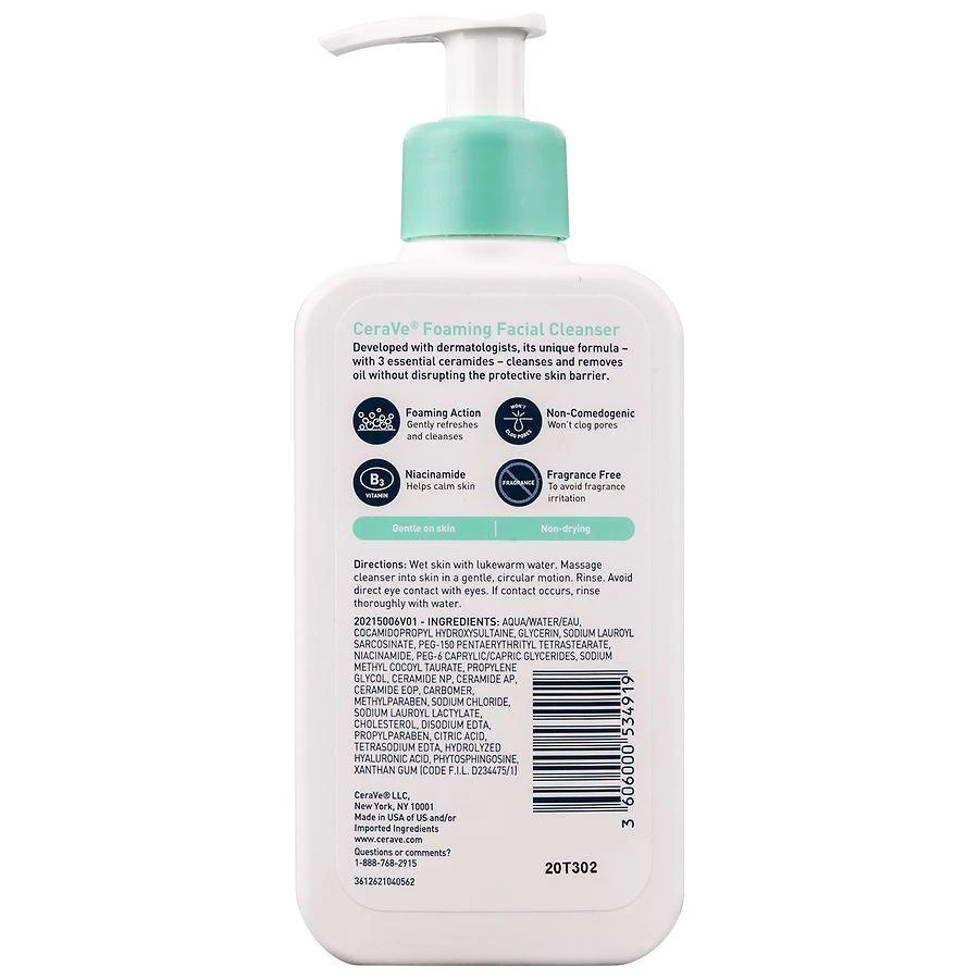 商品CeraVe|Foaming Face Cleanser for Normal to Oily Skin with Hyaluronic Acid,价格¥112,第2张图片详细描述