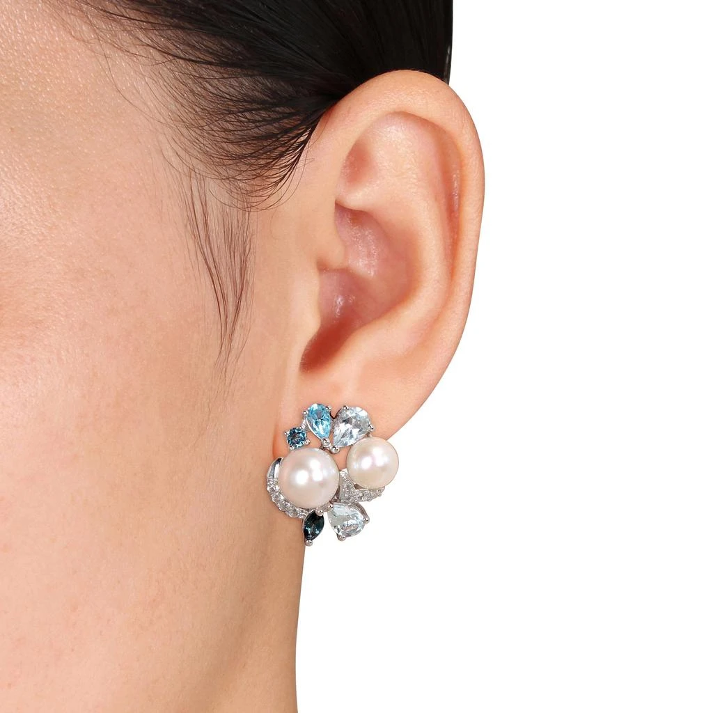 商品Mimi & Max|3 1/2 CT TGW Created White Sapphire, Multicolor BlueTopaz and White Cultured Freshwater Pearl Cluster Earrings in Sterling Silver,价格¥913,第3张图片详细描述