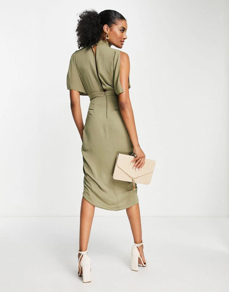 商品ASOS|ASOS DESIGN cap sleeve split sleeve midi wrap front dress in olive,价格¥362,第2张图片详细描述