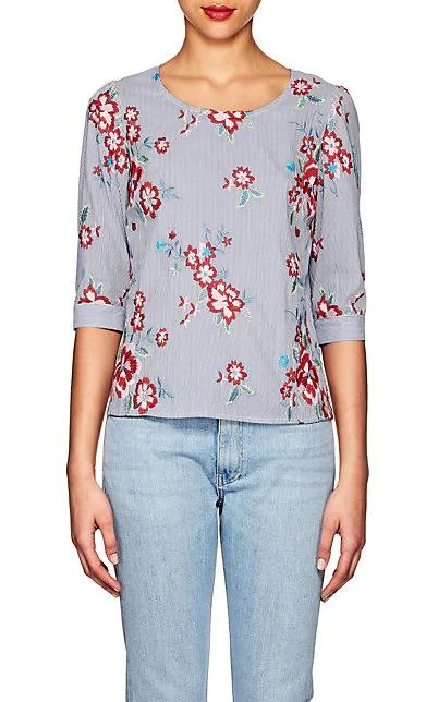 商品Barneys New York|Floral-Embroidered Striped Cotton-Blend Blouse,价格¥474,第1张图片