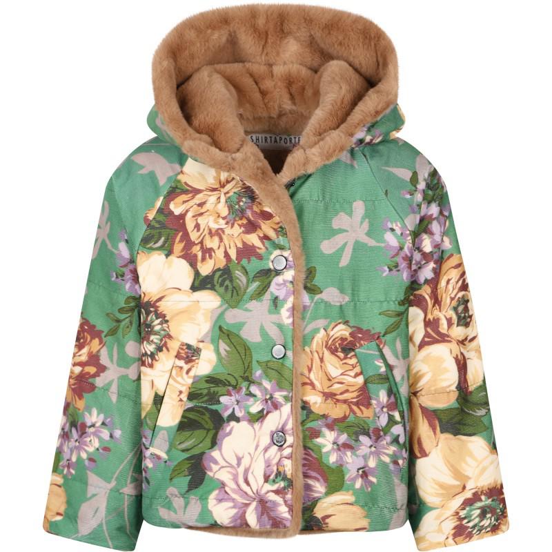 Reversible floral print faux fur jacket in light brown and green商品第2张图片规格展示