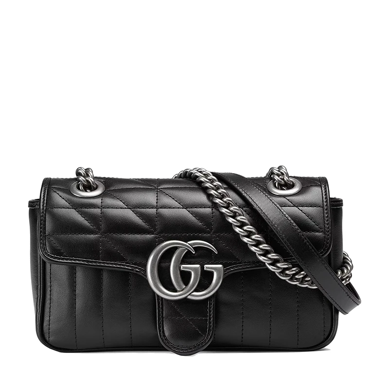 商品Gucci|GUCCI/古驰 GG Marmont系列 女士迷你黑色绗缝皮革复古银饰双G翻盖斜挎单肩链条包,价格¥14817,第1张图片
