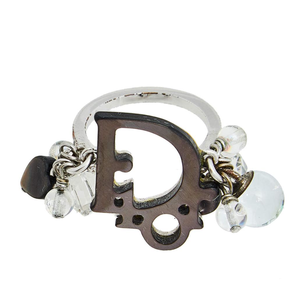 Dior Grey/Silver Resin And Faux Crystal Logo Charm Ring Size EU 54商品第5张图片规格展示