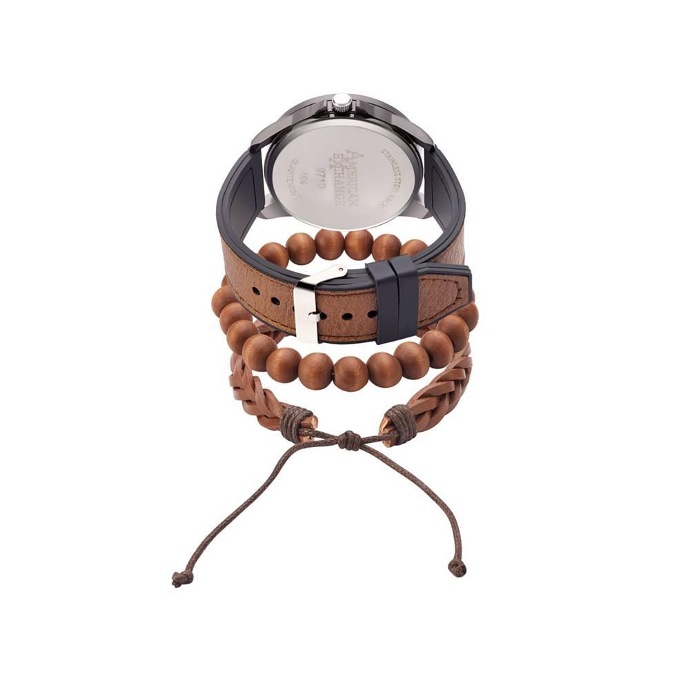 商品American Exchange|Men's Quartz Movement Brown Leather Analog Watch, 47mm and Stackable Bracelet Set with Zippered Pouch,价格¥295,第4张图片详细描述