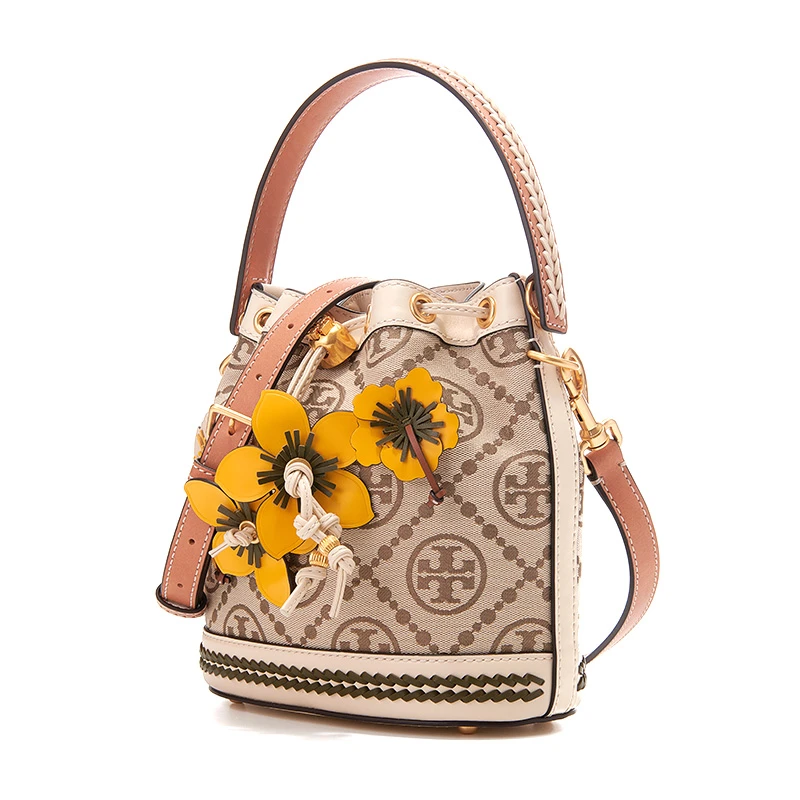 TORY BURCH 汤丽柏琦 T Monogram 经典编织花卉老花满印 皮革 水桶包单肩包手提包 女款 榛子棕 商品
