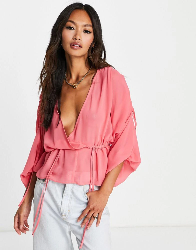 商品ASOS|ASOS DESIGN sheer ruched shoulder blouse with frill hem in pink,价格¥219,第1张图片