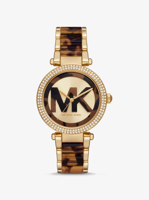 商品Michael Kors|Parker Pavé Gold-Tone and Tortoiseshell Acetate Watch,价格¥1268,第1张图片